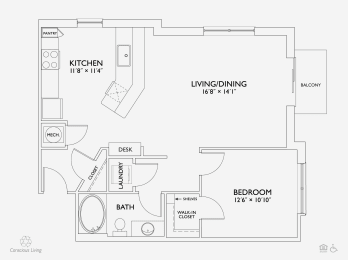 1 bed, 1 bath, 842 sqft, $1,480