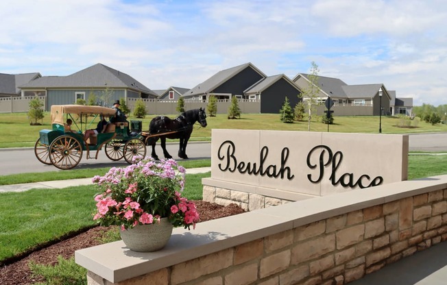 a horse drawn carriage driving past a place sign