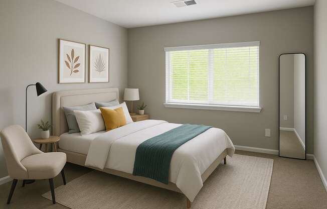 A bedroom with a bed, chair, and two framed leaves on the wall.