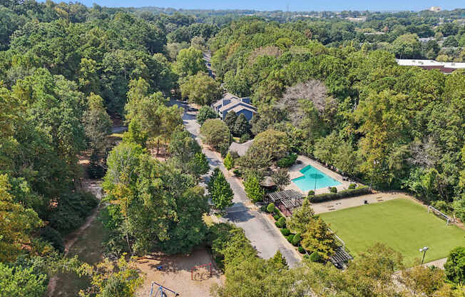 A bird's eye view of a lush green forest with a swimming pool and a playground.