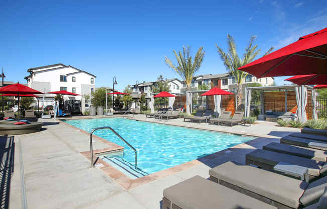 A pool surrounded by sun loungers and umbrellas.