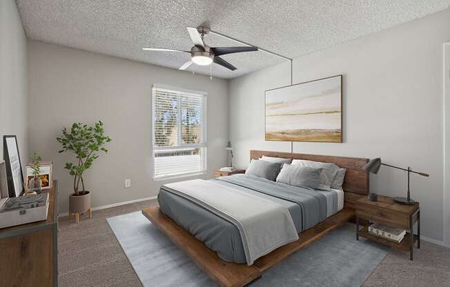 Model Bedroom with Carpet and Window View at Colonnade at Fletcher Hills Apartments in El Cajon, CA.