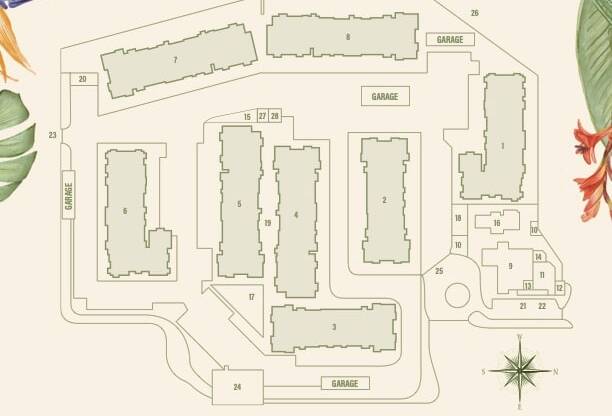 a plan of a building with leaves around it