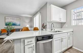 A modern kitchen with white cabinets and a stainless steel dishwasher.