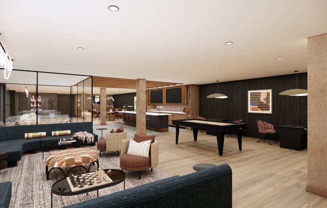 Versatile game room with foosball, air hockey, poker table, vintage arcade games, and lounge seating.