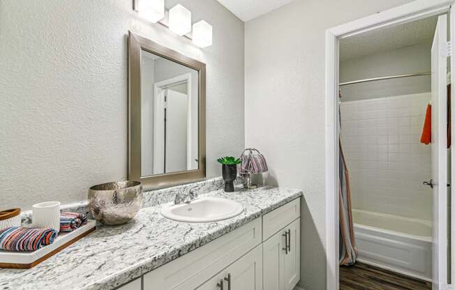 A bathroom with a marble countertop and a large mirror.