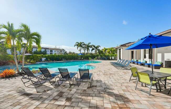 A pool surrounded by chairs and umbrellas.