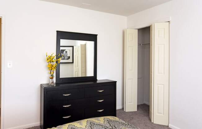 a bedroom with a dresser with a mirror and a closet