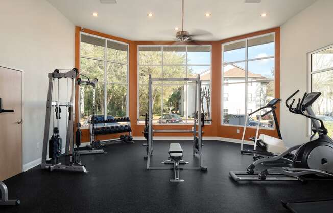 the gym has plenty of exercise equipment and large windows