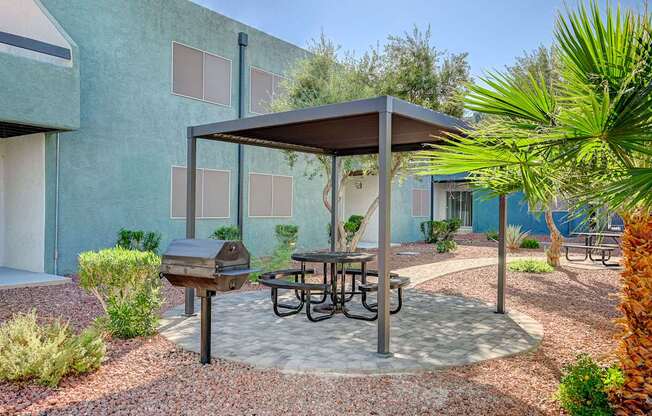A patio with a table and chairs under a canopy.