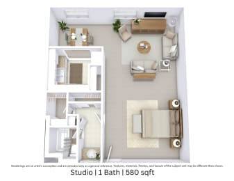 Studio, 1 bath, 580 sqft, $845