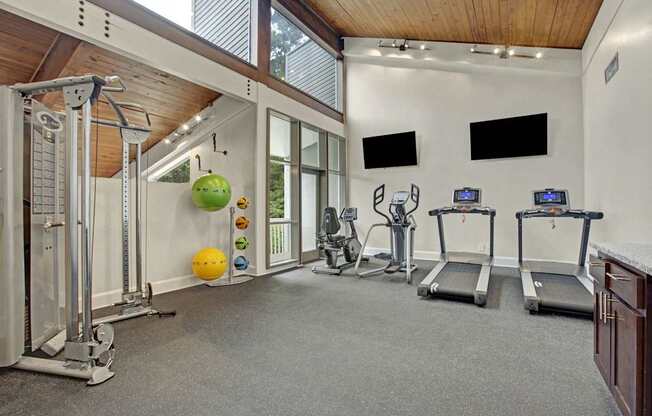 A home gym with a variety of equipment including treadmills, weights, and exercise balls.