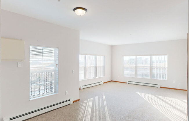 an empty living room with three windows and a rug