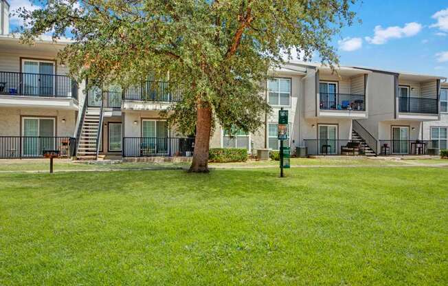 A well-maintained outdoor lawn here at High Plains with lush green grass, a large shade tree, and apartment buildings featuring private patios and balconies. A small community grill and open green space create a relaxed, inviting area for outdoor enjoyment.