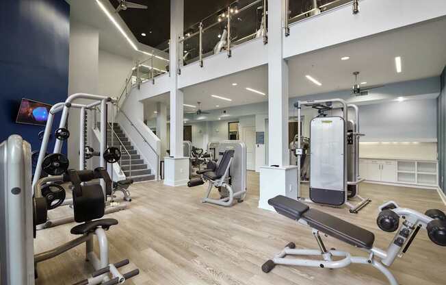 A gym with a variety of equipment including a treadmill, weights, and a bench press.