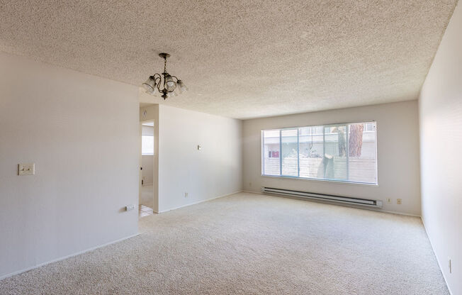 an empty living room with a large window