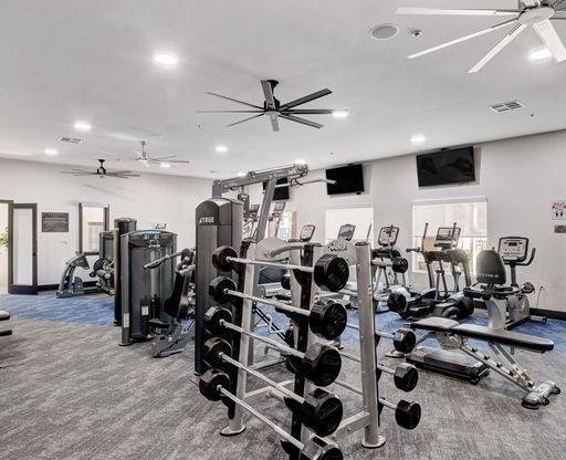 A gym with a variety of equipment including weights and cardio machines.