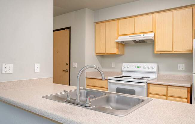 A kitchen with a stove, oven, and sink.