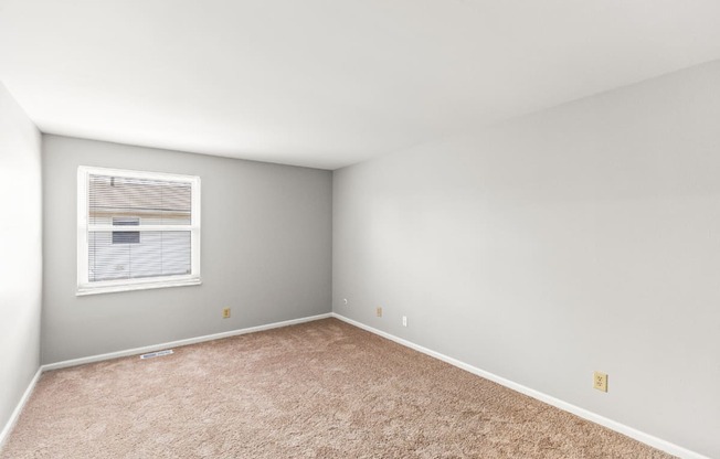 A room with a carpeted floor and a window with blinds.