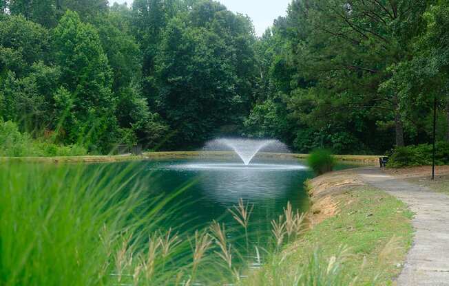 a fountain in the middle of a pond