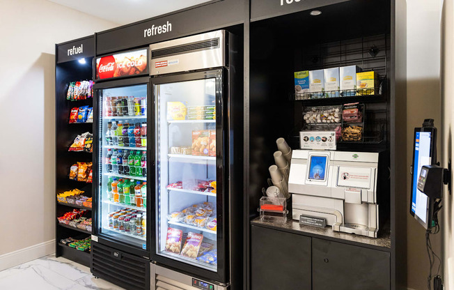 a refrigerator and a coffee machine in a store