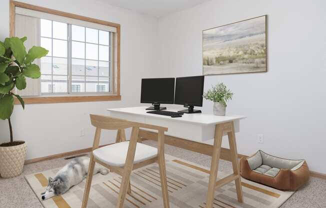 a home office with a dog sleeping on the floor