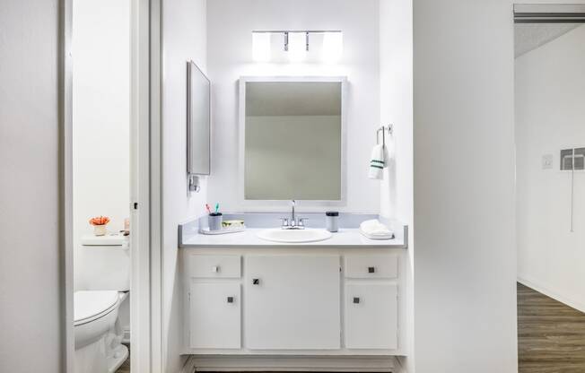 a white bathroom with a sink and a mirror