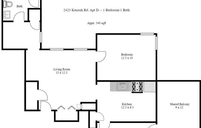 1 bed, 1 bath, 540 sqft, $1,225, Unit D