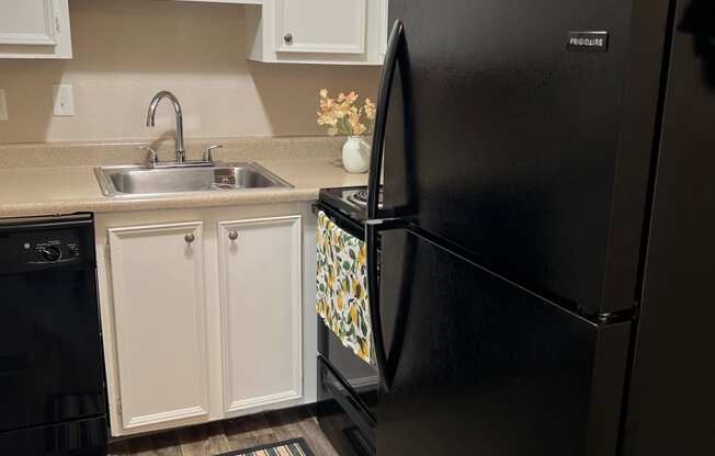 a kitchen with a black refrigerator and a sink