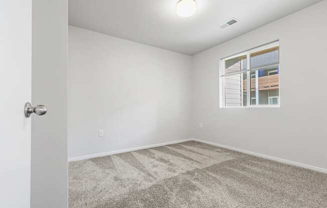 A room with a carpeted floor and a window showing a building outside.