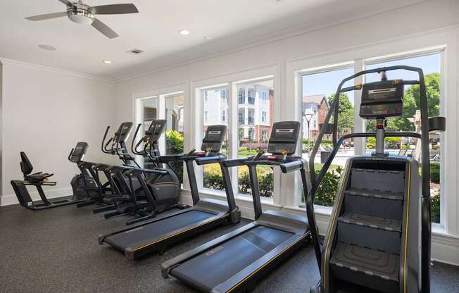 A gym with treadmills, elliptical machines, and a fan.