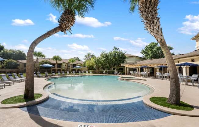 a swimming pool with palm trees and chairs around it