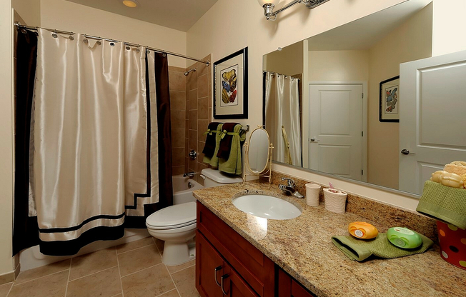 Spacious Bathroom With Granite Vanity Top & Ample Storage Space