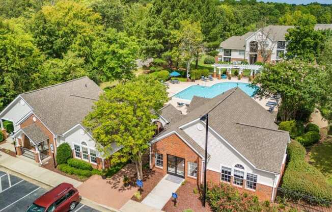 Southpoint Crossing Apartments in Durham, North Carolina Aerial View of Clubhouse and Pool