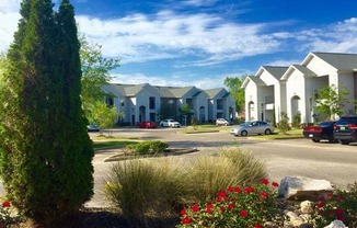 A row of houses with a tree and flowers in the foreground.