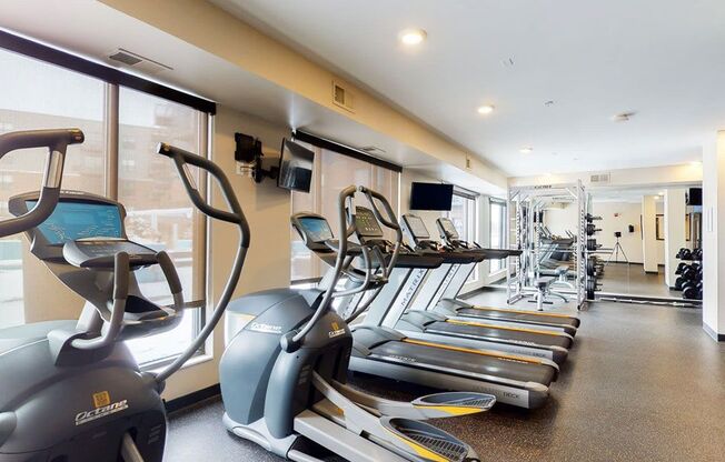 Fitness center with hard rubber flooring, 3 treadmills and 2 ellipticals
