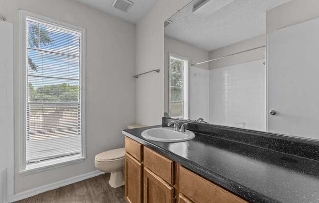 A bathroom with a toilet, sink, and mirror.