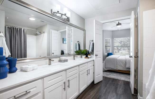 a bathroom with a large mirror and a sink