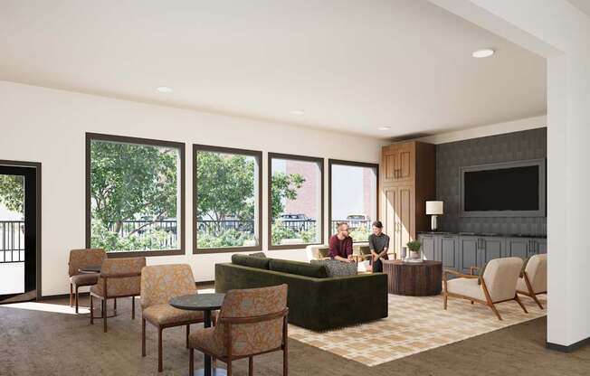 A living room with a green sofa and a television.