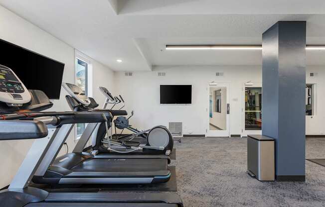 the gym has cardio equipment and a flat screen tv