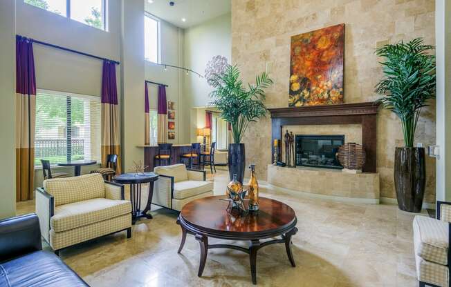 Monterra Las Colinas Apartments clubhouse with indoor fireplace