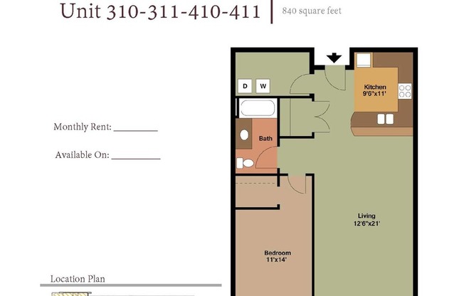 1 bed, 1 bath, 840 sqft, $1,650, Unit 310