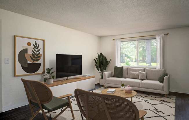 A living room with a television, a couch, a chair, and a potted plant.