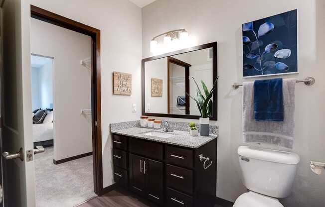 full bathroom with connection to walk-in closet and bedroom at Lake Jonathan Flats, Chaska, MN, 55318