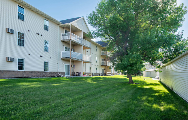 a large grassy area with a tree in front of an apartment building