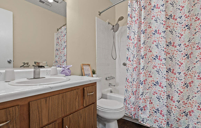 a bathroom with a shower curtain and a sink and a toilet