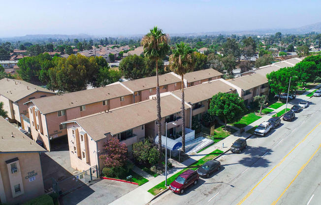 Aerial drone view of Olive View Gardens' five free-standing buildings..