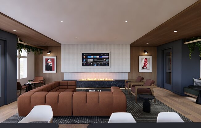 Expansive clubroom with gathering space, catering kitchen, and fireplace.