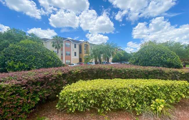 outdoor landscaping in front of the sand lake pointe apartments