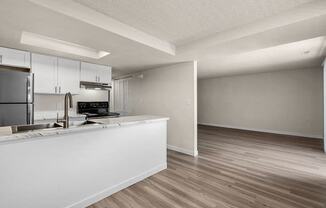 a kitchen and living room in an apartment